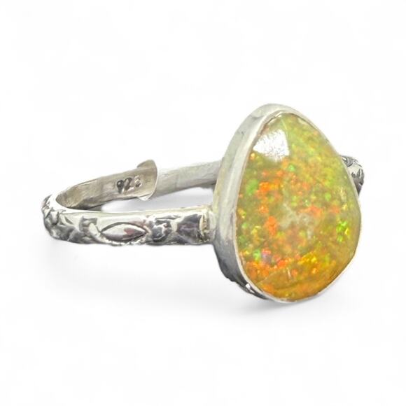 Rose Cut Pear Ethiopian Opal Ring 925 Sterling Silver Size 9 Carved Band - Picture 1 of 7